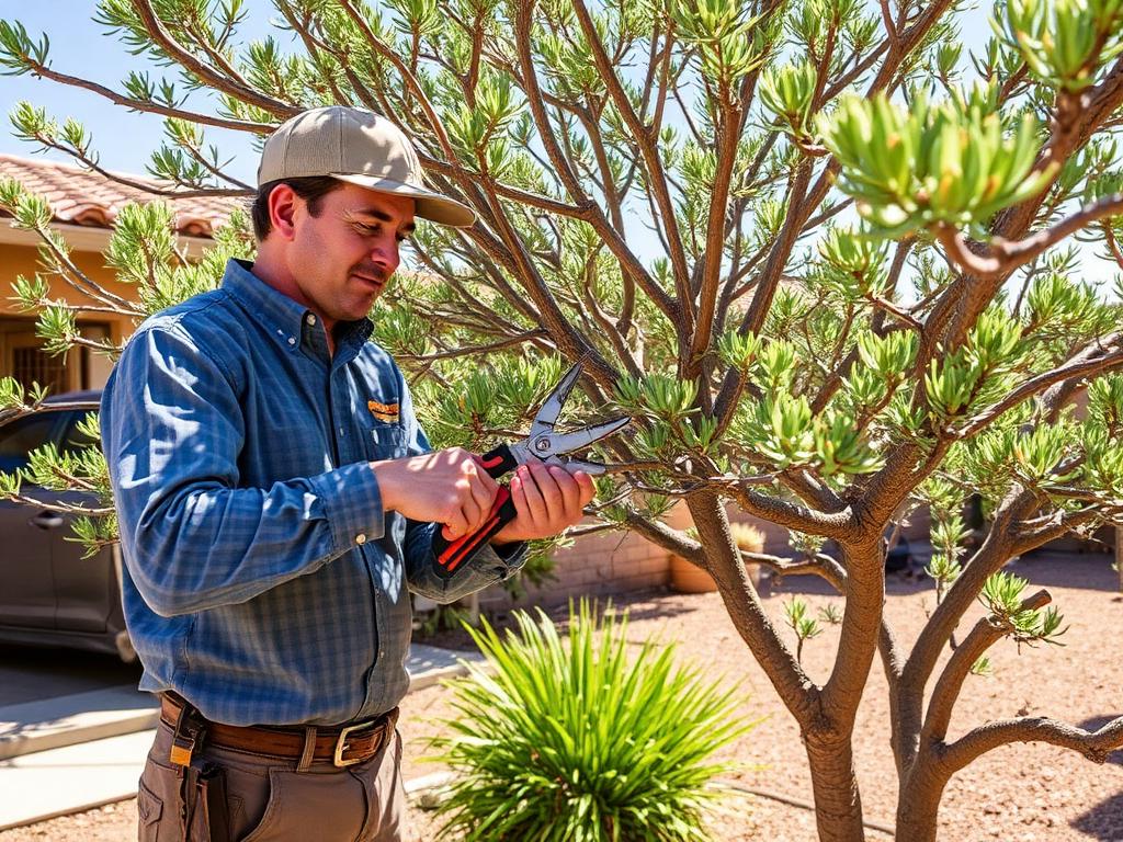 Certified arborist fine pruning a desert tree in a Phoenix backyard
